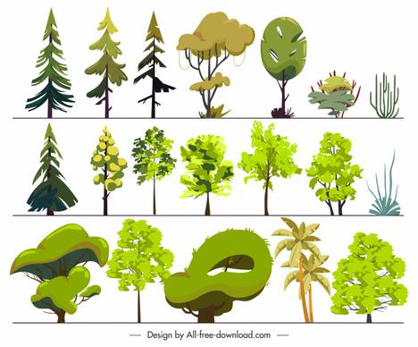 trees icons bright colored flat sketch