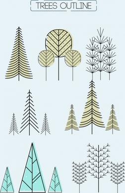 trees icons collection handdrawn lines outline