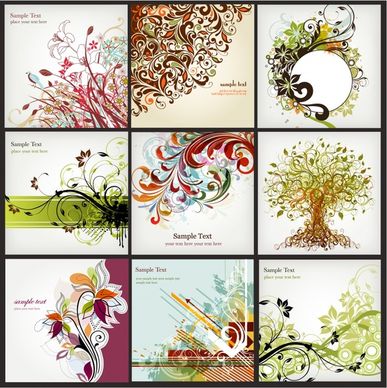 card templates collection flowers tree icons classical curves