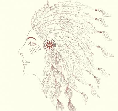 tribal human portrait handdrawn outline feather decoration