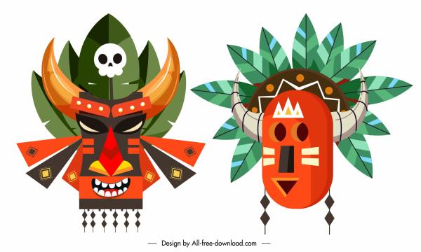 tribal masks icons colorful classic design
