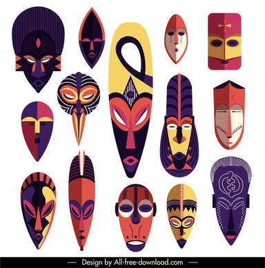 tribal masks icons colorful horror faces sketch