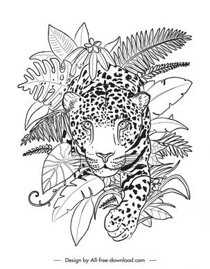 tropical animals design elements cheetah leaves outline