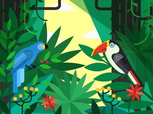 tropical background forest plants parrots icons decor