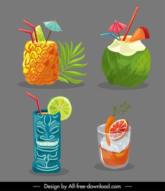 tropical beverages icons classical handdrawn sketch