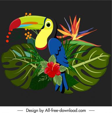 tropical decor element colorful parrot botany leaves sketch