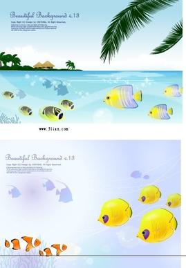 marine background sets fishes sea icons colorful cartoon