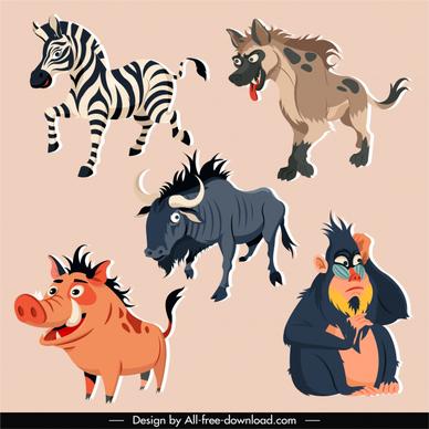 tropical wild animals icons colored cartoon sketch