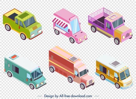 truck icons collection colored modern 3d design