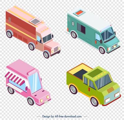 truck icons collection colorful 3d sketch