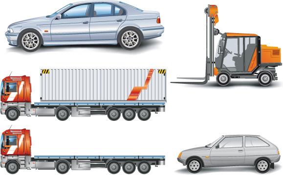 trucks with car and forklift vector