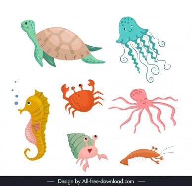 underwater creatures design elements cute cartoon