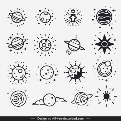  universe icons collection classical handdrawn planets outline