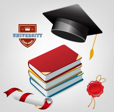 university banner colored 3d cap books diploma icons