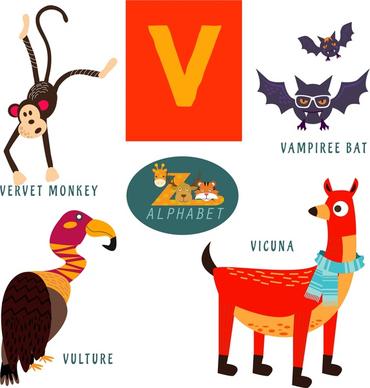 v letter education design with wild animals