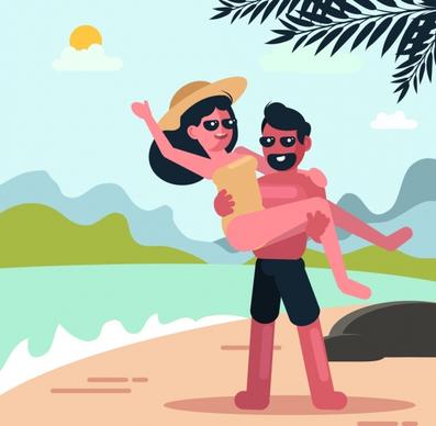 vacation painting man woman beach icons colored cartoon