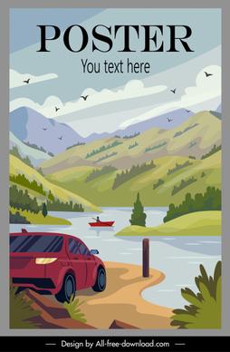 vacation poster nature lake mountain landscape sketch