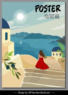 vacation poster template mediterranean sea scene lady sketch