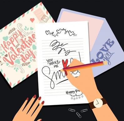 valentine banner hands writing cards icon colored cartoon