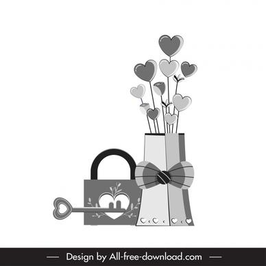 valentine bw design elements key heart locks floral vase outline
