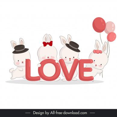 valentine design elements cute cartoon rabbits balloon texts