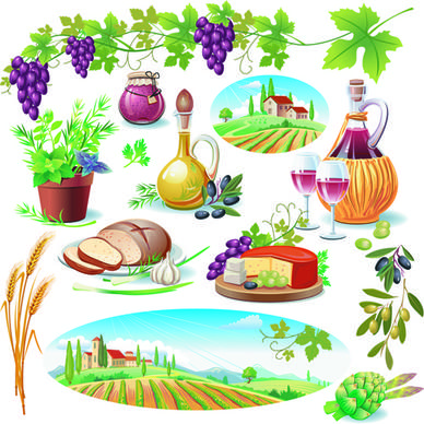 various food with grapes vector set