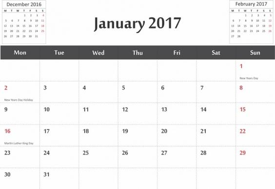 vector 2017 calendar in cdr and pdf format with previous and next months dates