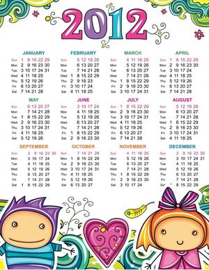 2012 calendar template cute colorful handdrawn cartoon elements