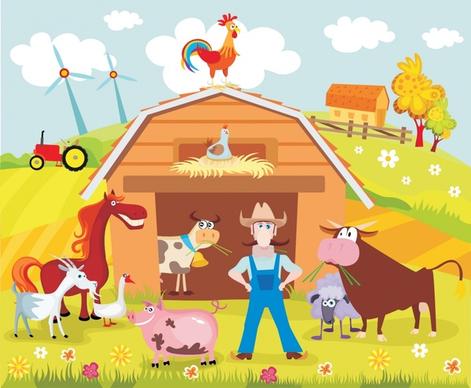 farmland background farmer poultry cattle sketch funny cartoon