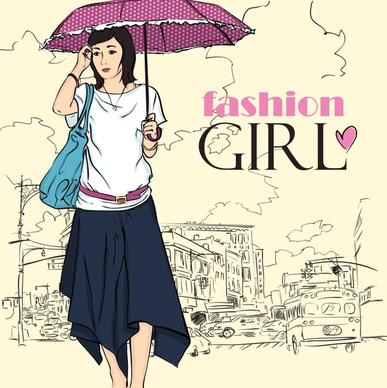 fashion banner young lady town sketch cartoon design