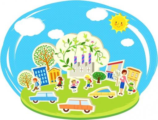 ecology background people trees car icons cartoon sketch