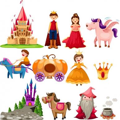 fairy tale design elements colorful cartoon characters sketch