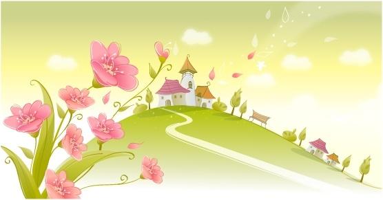 spring scene background blooming flowers houses hill icons