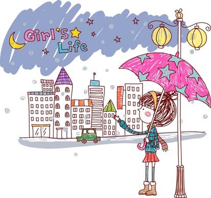 lifestyle painting female pedestrian city icons handdrawn sketch