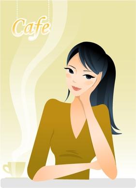 cafe advertising background relaxed woman icon cartoon character
