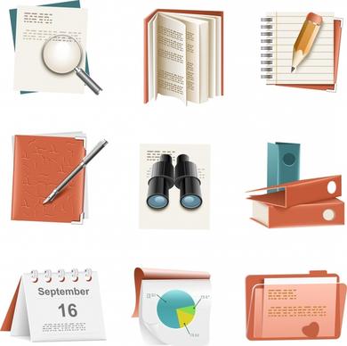 stationery icons modern colored 3d objects sketch