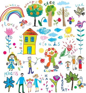 childhood card design elements colorful handdrawn sketch