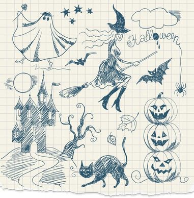 halloween design elements flat handdrawn sketch
