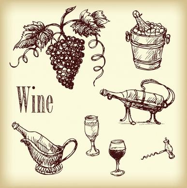 grape wine design elements retro handdrawn sketch
