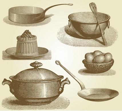 kitchen utensils icons retro handdrawn sketch