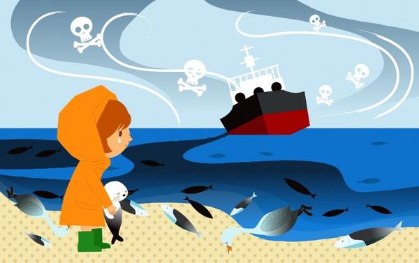 environmental banner girl marine species ship sea icons