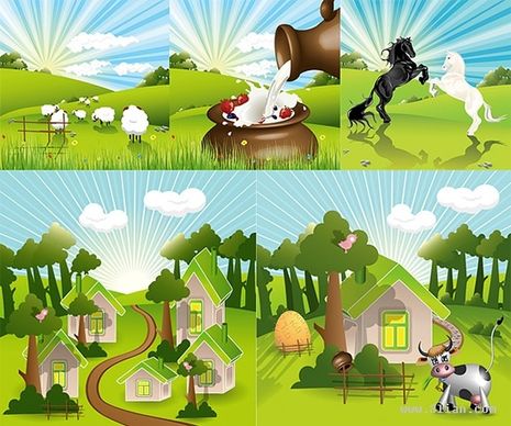 countryside background sets bright sparkling colorful cartoon design