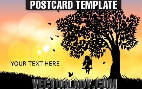 vector postcard template small girl on swing