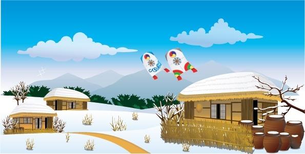winter background retro japanese village icons decor