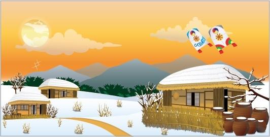 asian countryside painting traditional cottages snow icons decor