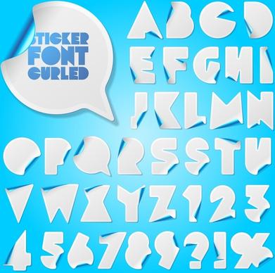 alphabet stickers template modern 3d curled up sketch