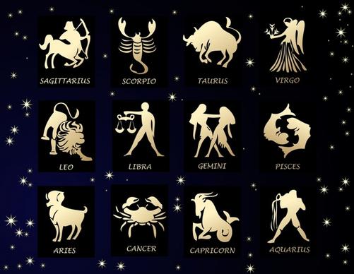 zodiac elements icons golden silhouette sketch