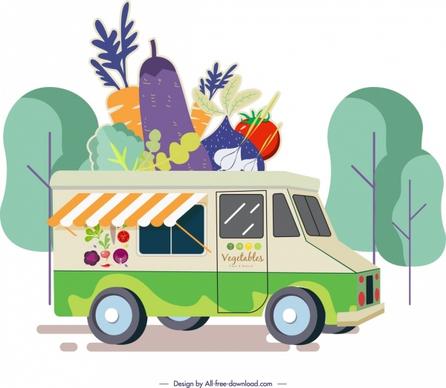 vegetable advertising truck store colored cartoon sketch