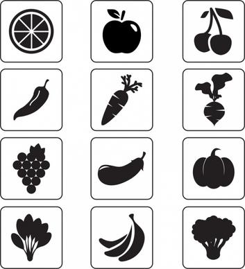 vegetable and fruit icons isolation black silhouettes sketch