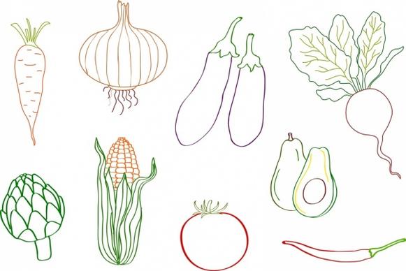 vegetables icons collection flat colored sketch